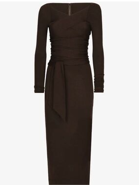 Dolce & Gabbana Long Sleeve Chocolate Brown Ruched Midi Dress